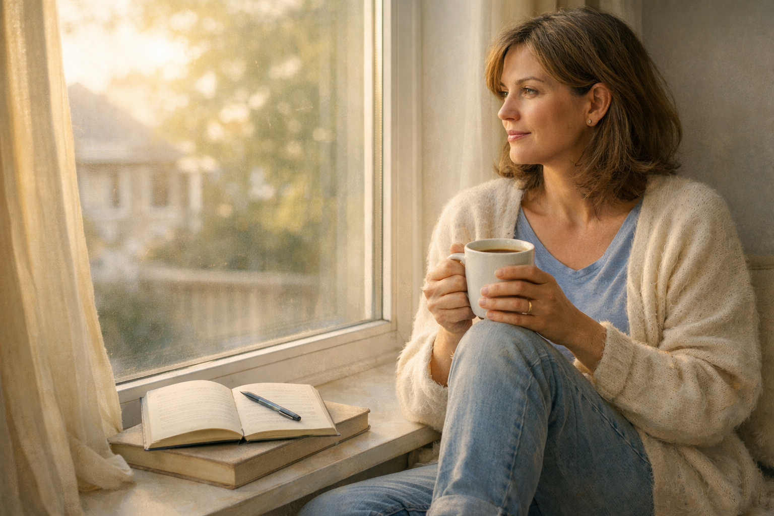 Landscape format (1536x1024) image showing a person sitting quietly by a window with morning light streaming in, holding a cup of coffee, lo