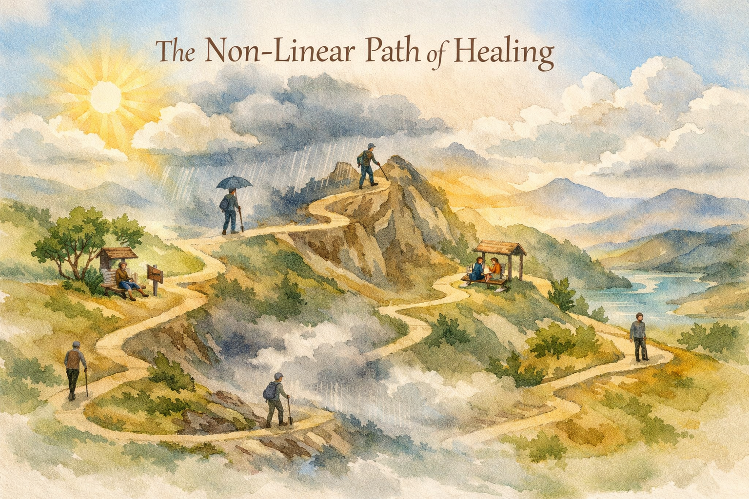 Landscape format (1536x1024) conceptual illustration showing a winding mountain path with alternating sunny and cloudy sections, representin